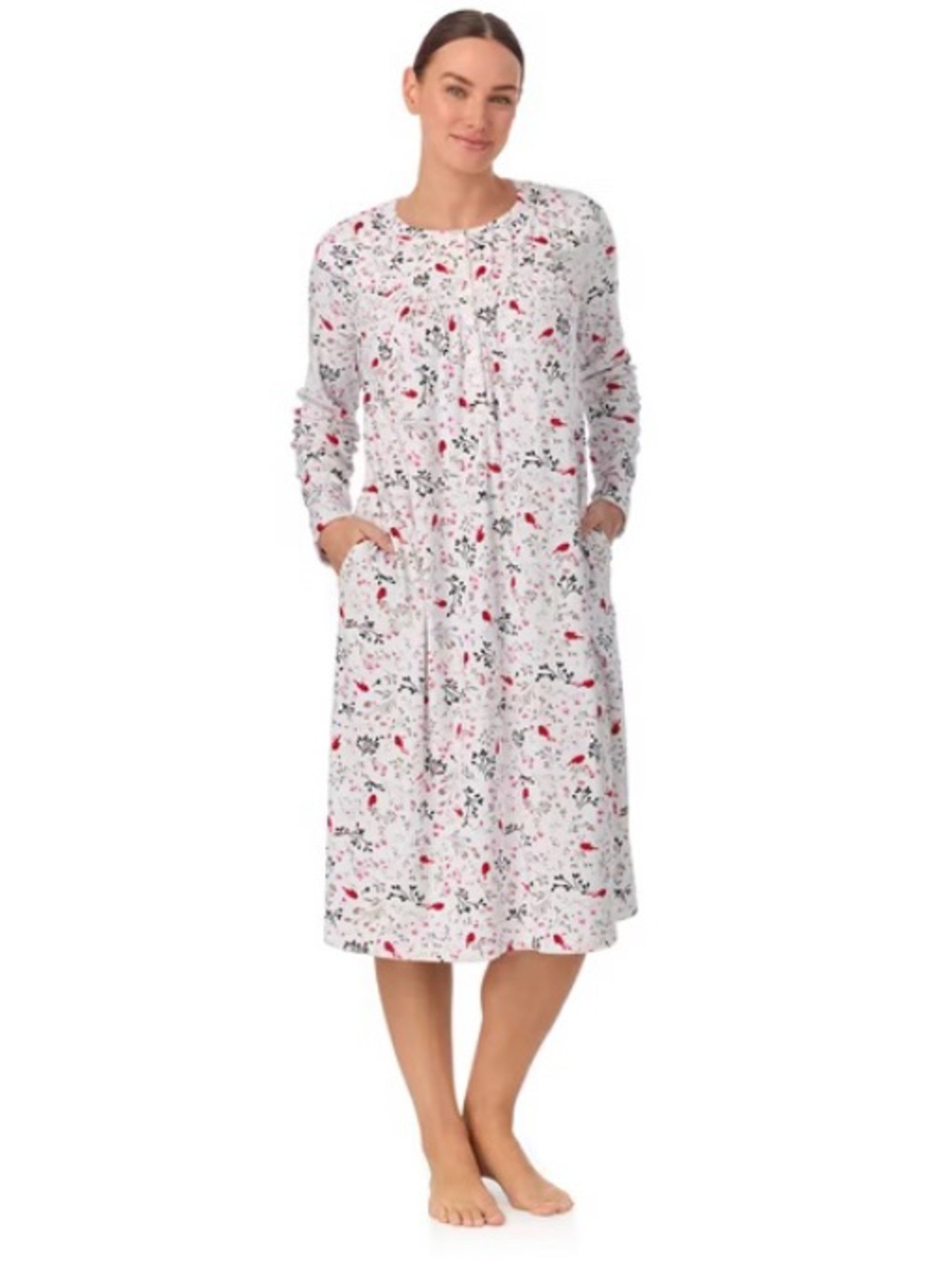 Women’s White Long-Sleeve Nightgown with Red Bird Print